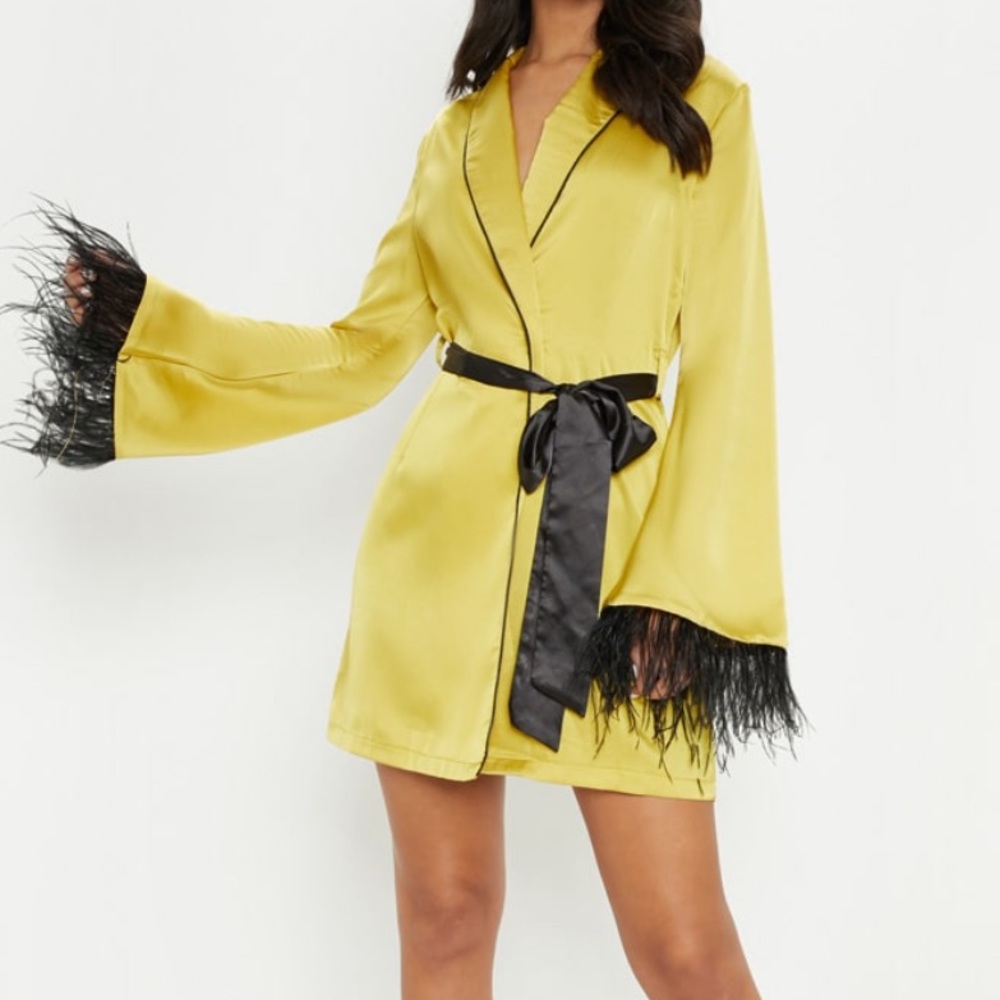 Satin Feather Trim Blazer Dress